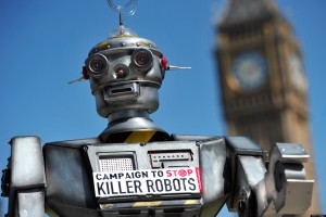 A mock "killer robot" is pictured in central London on April 23, 2013 during the launching of the Campaign to Stop "Killer Robots," which calls for the ban of lethal robot weapons that would be able to select and attack targets without any human intervention. The Campaign to Stop Killer Robots calls for a pre-emptive and comprehensive ban on the development, production, and use of fully autonomous weapons. AFP PHOTO/CARL COURT        (Photo credit should read CARL COURT/AFP/Getty Images)